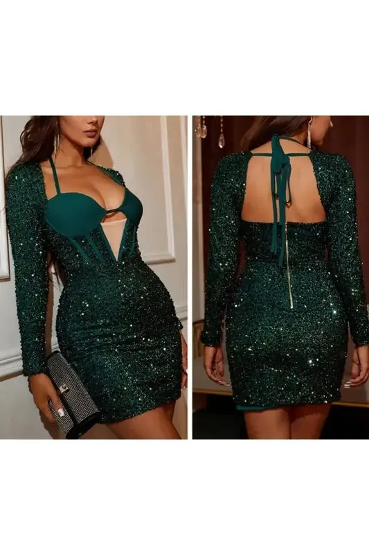 Halter-Neck Zip-Up Sequin Mini Dress