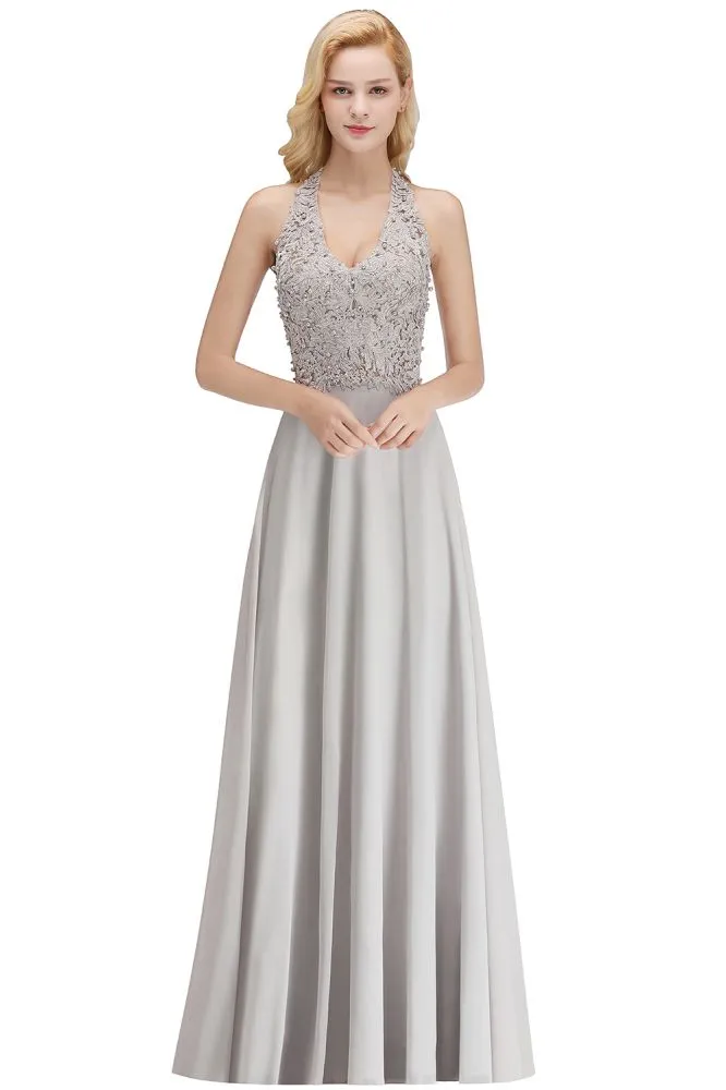 Halter Sleeveless Floral Appliques Evening Party Dress Aline Floor Length Bridesmaid Dress