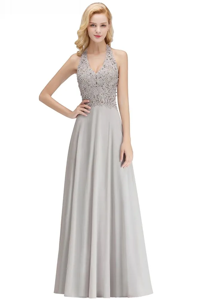 Halter Sleeveless Floral Appliques Evening Party Dress Aline Floor Length Bridesmaid Dress