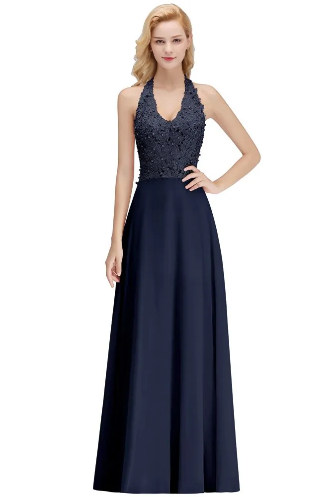 Halter Sleeveless Floral Appliques Evening Party Dress Aline Floor Length Bridesmaid Dress