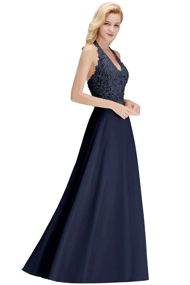 Halter Sleeveless Floral Appliques Evening Party Dress Aline Floor Length Bridesmaid Dress