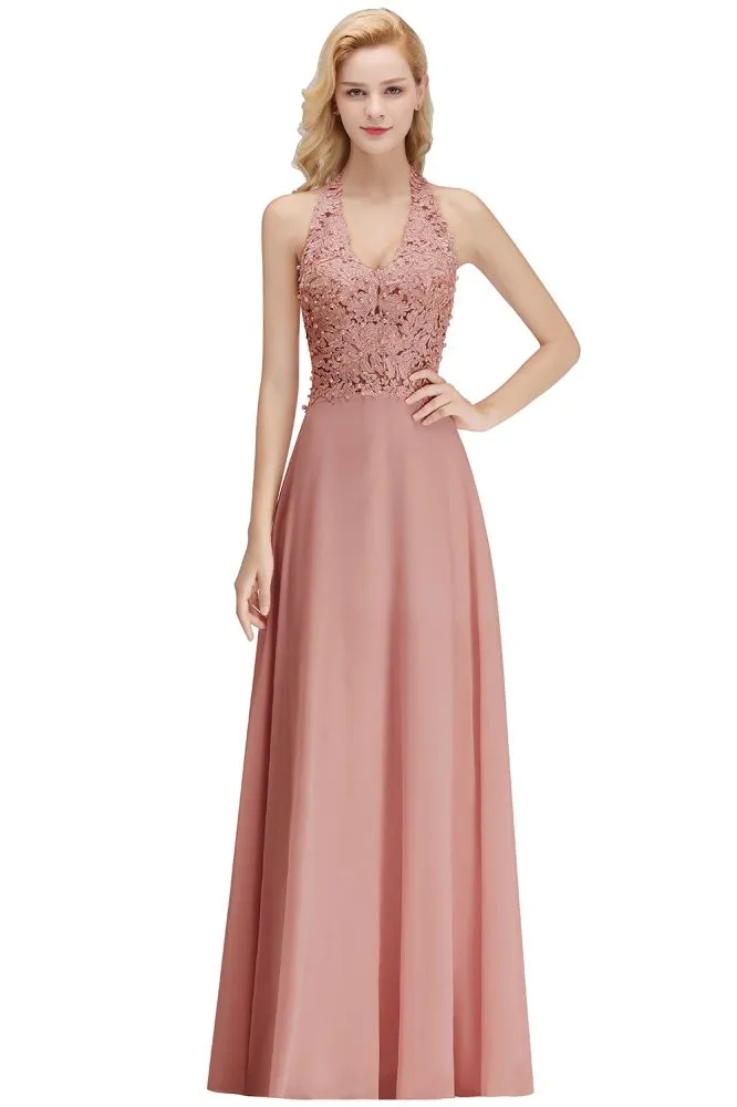 Halter Sleeveless Floral Appliques Evening Party Dress Aline Floor Length Bridesmaid Dress