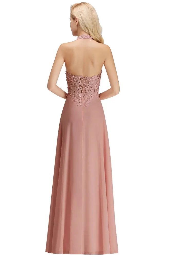 Halter Sleeveless Floral Appliques Evening Party Dress Aline Floor Length Bridesmaid Dress