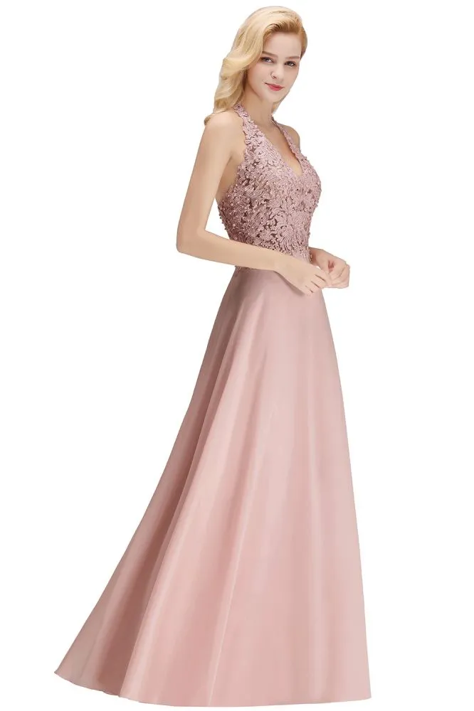 Halter Sleeveless Floral Appliques Evening Party Dress Aline Floor Length Bridesmaid Dress