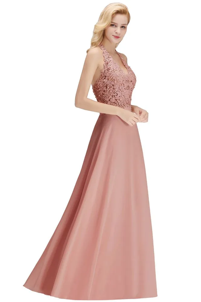 Halter Sleeveless Floral Appliques Evening Party Dress Aline Floor Length Bridesmaid Dress