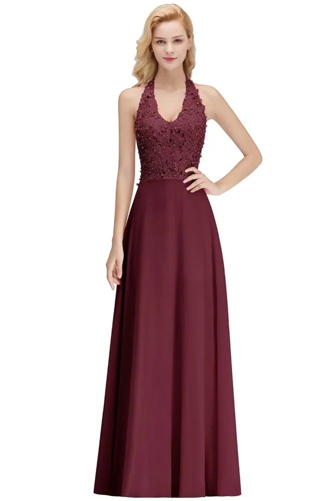 Halter Sleeveless Floral Appliques Evening Party Dress Aline Floor Length Bridesmaid Dress