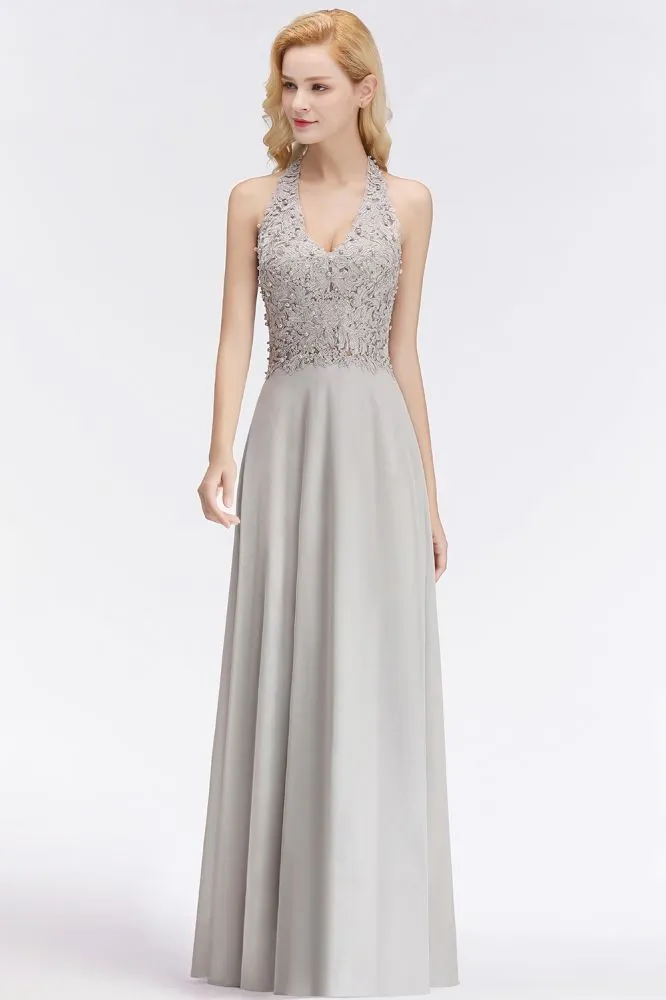 Halter Sleeveless Floral Appliques Evening Party Dress Aline Floor Length Bridesmaid Dress