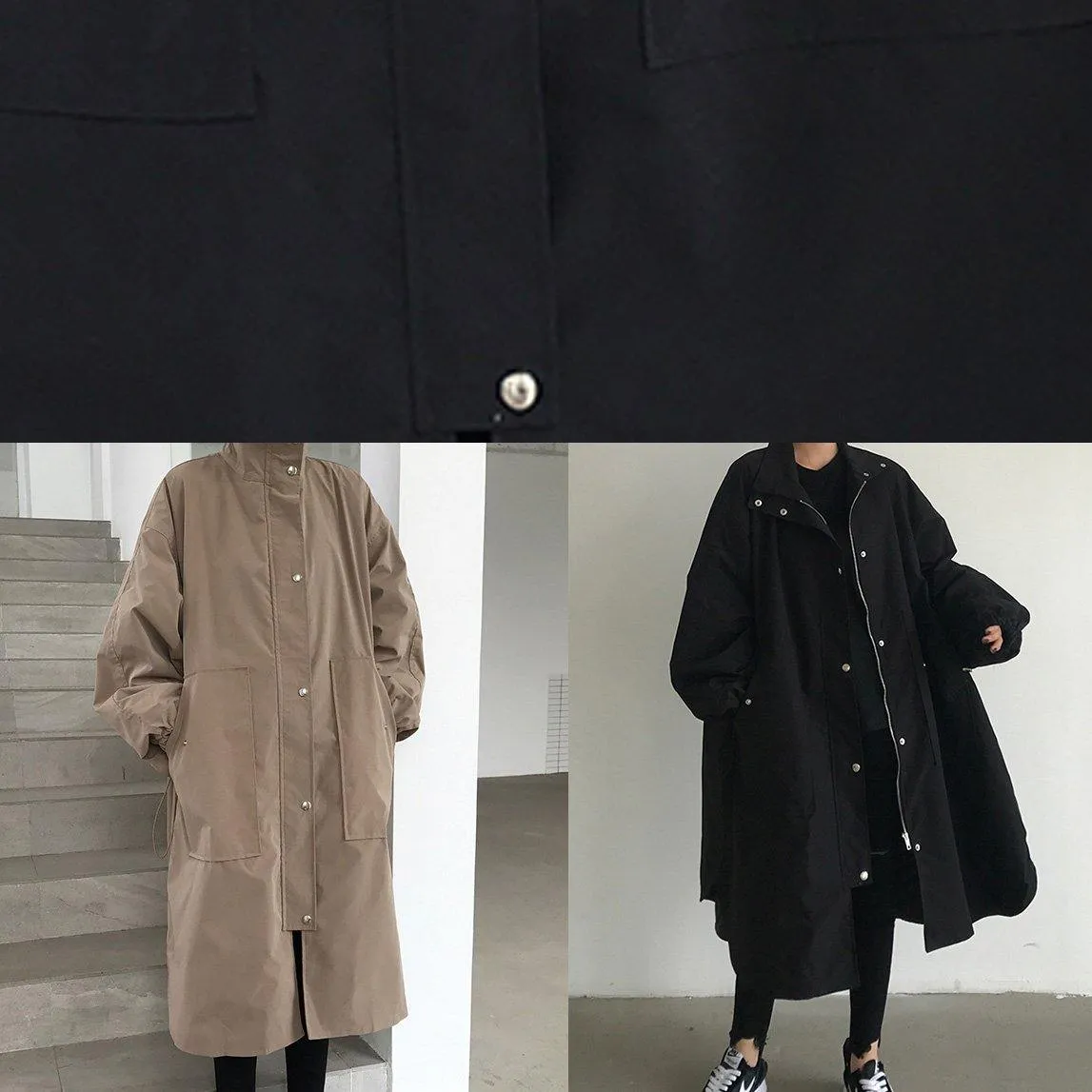 Handmade zippered Fashion lapel collar crane coats black baggy women coats