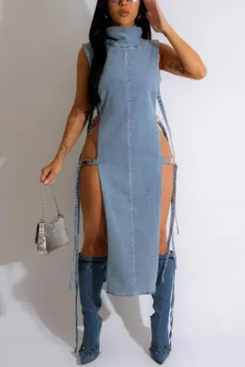 High Collar Danger Zone Strappy Denim Midi Dress