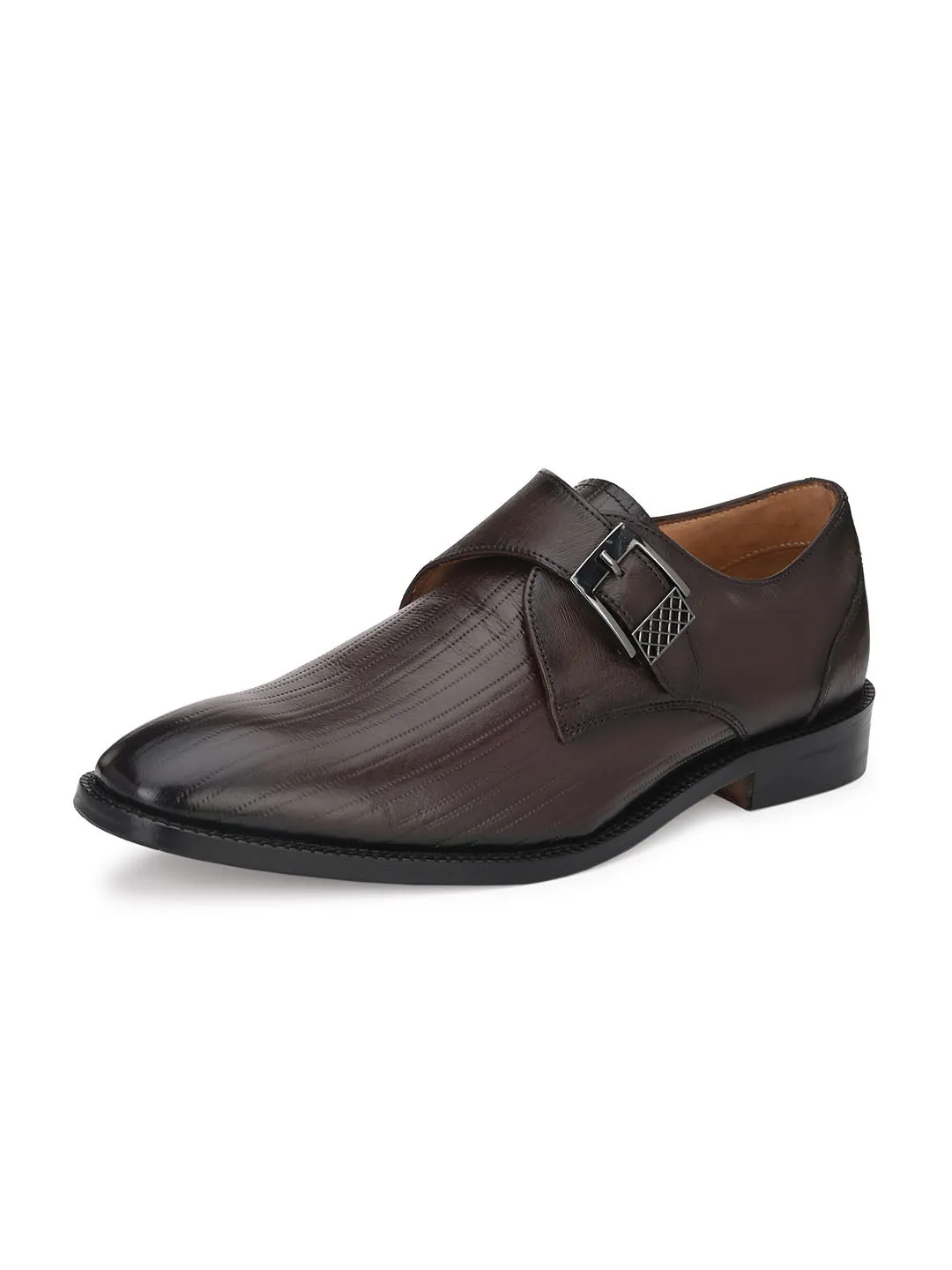 Hitz Men's Brown Leather Single Monk Strap Semi-Formal Shoes