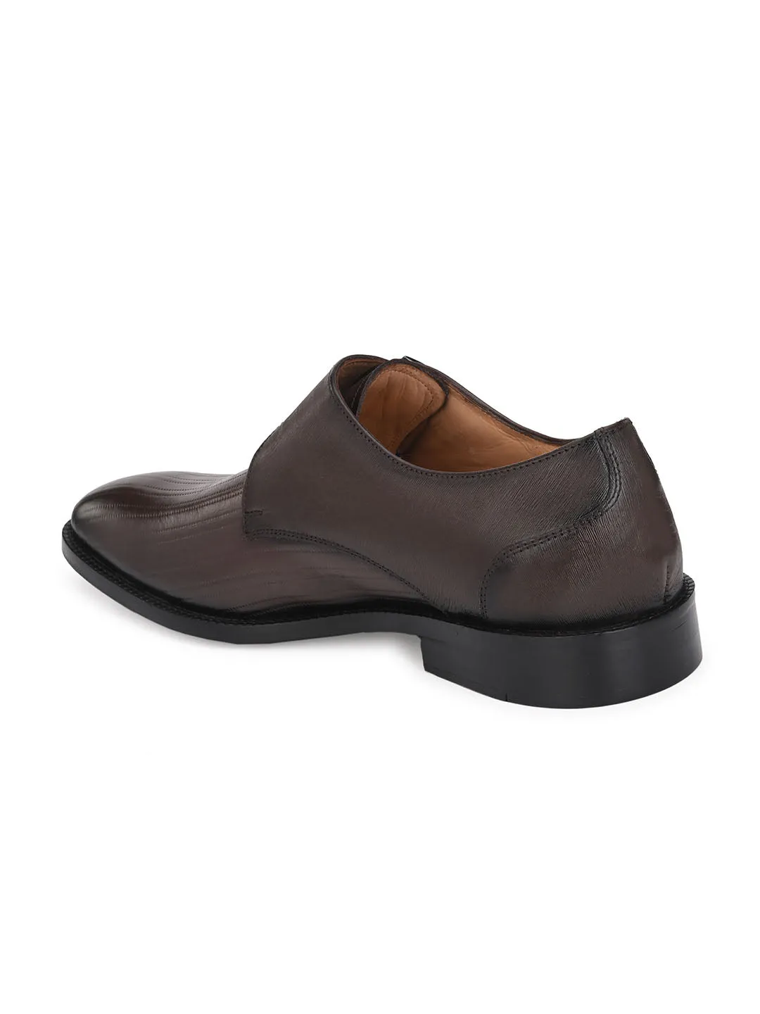 Hitz Men's Brown Leather Single Monk Strap Semi-Formal Shoes