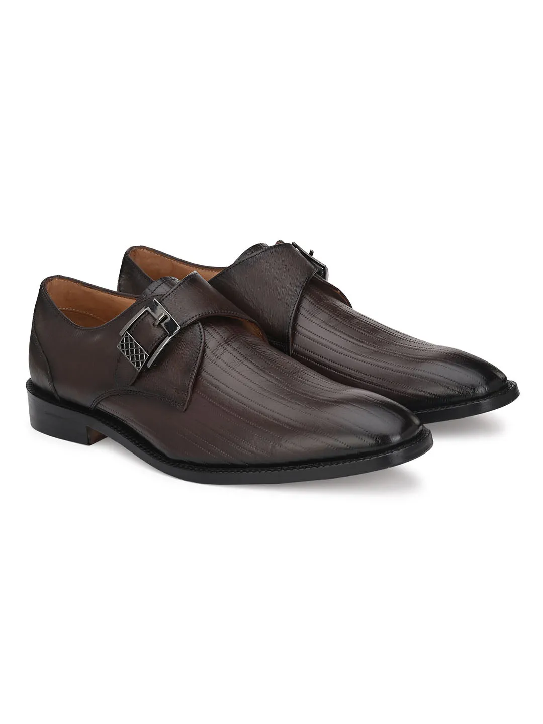 Hitz Men's Brown Leather Single Monk Strap Semi-Formal Shoes