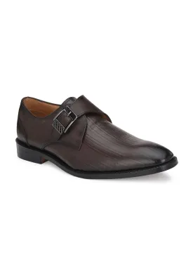 Hitz Men's Brown Leather Single Monk Strap Semi-Formal Shoes