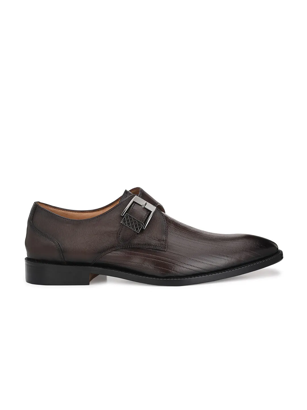 Hitz Men's Brown Leather Single Monk Strap Semi-Formal Shoes