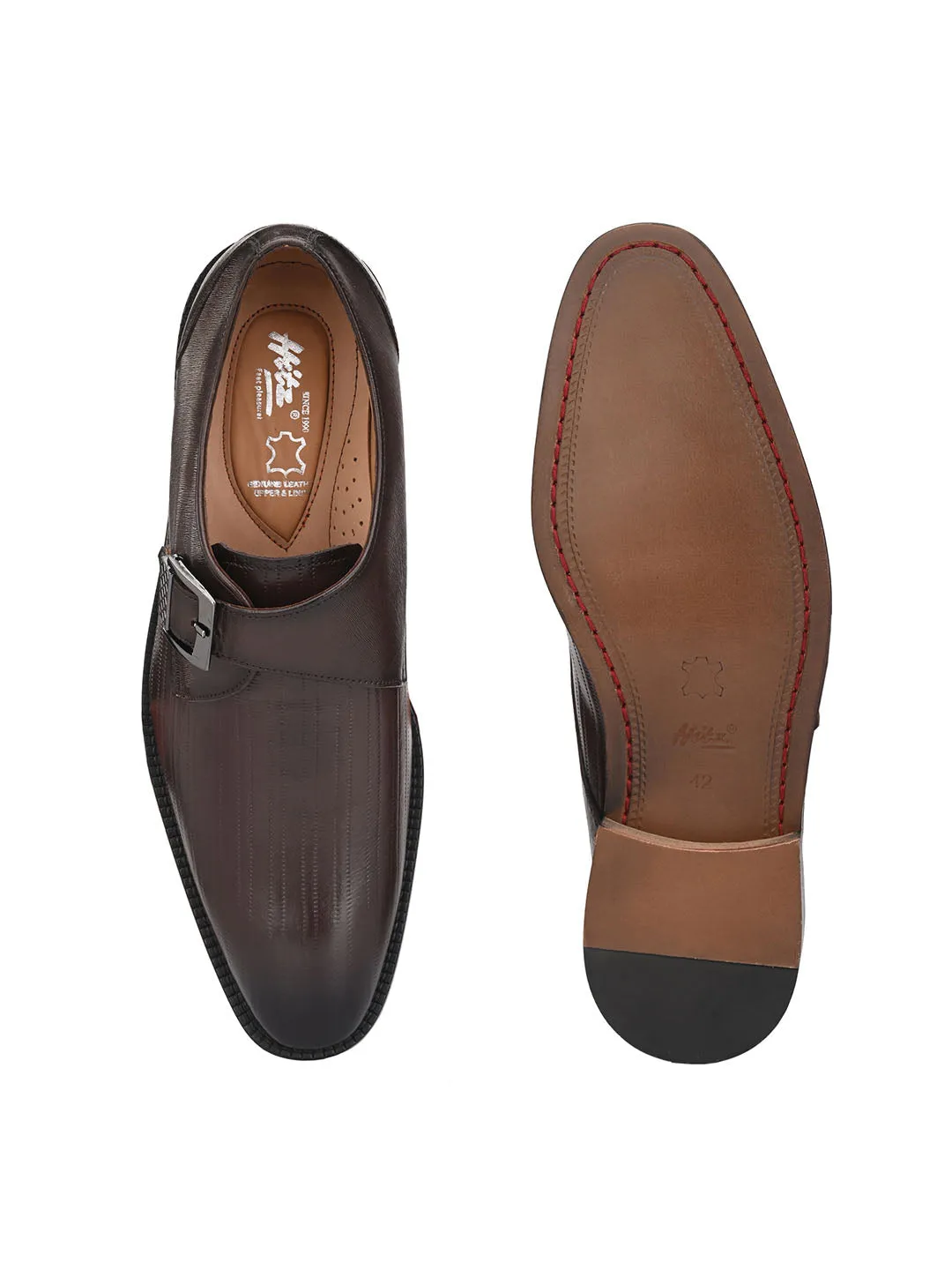 Hitz Men's Brown Leather Single Monk Strap Semi-Formal Shoes