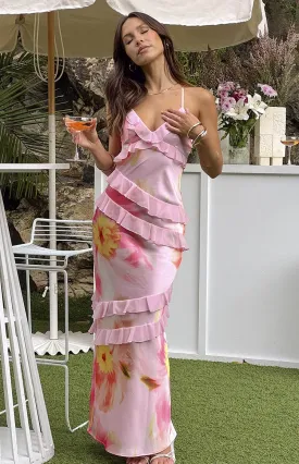 Inara Light Pink Floral Print Ruffle Maxi Dress