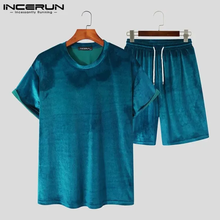 INCERUN 2PCS Mens Short Sleeve Suit Casual T Shirt Tops Drawstring Shorts Sets M S4422837