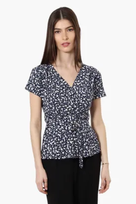 International INC Company Belted Floral Crossover Blouse - Navy