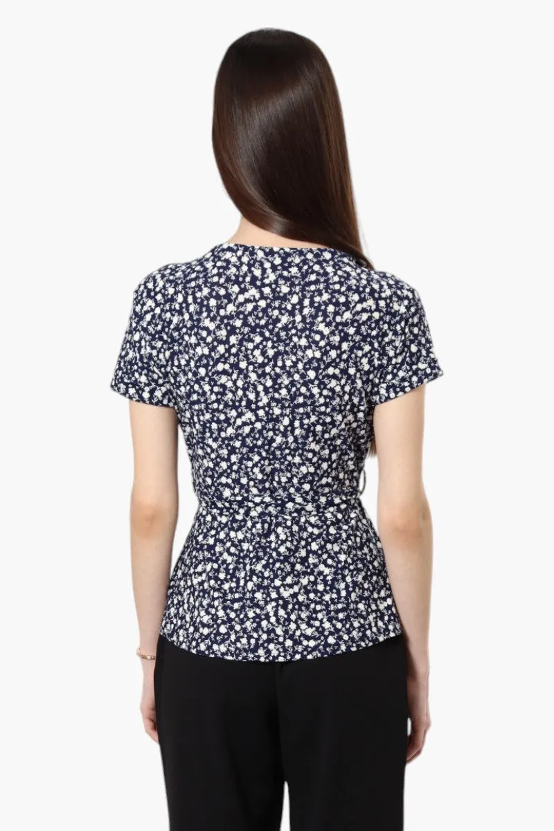 International INC Company Belted Floral Crossover Blouse - Navy