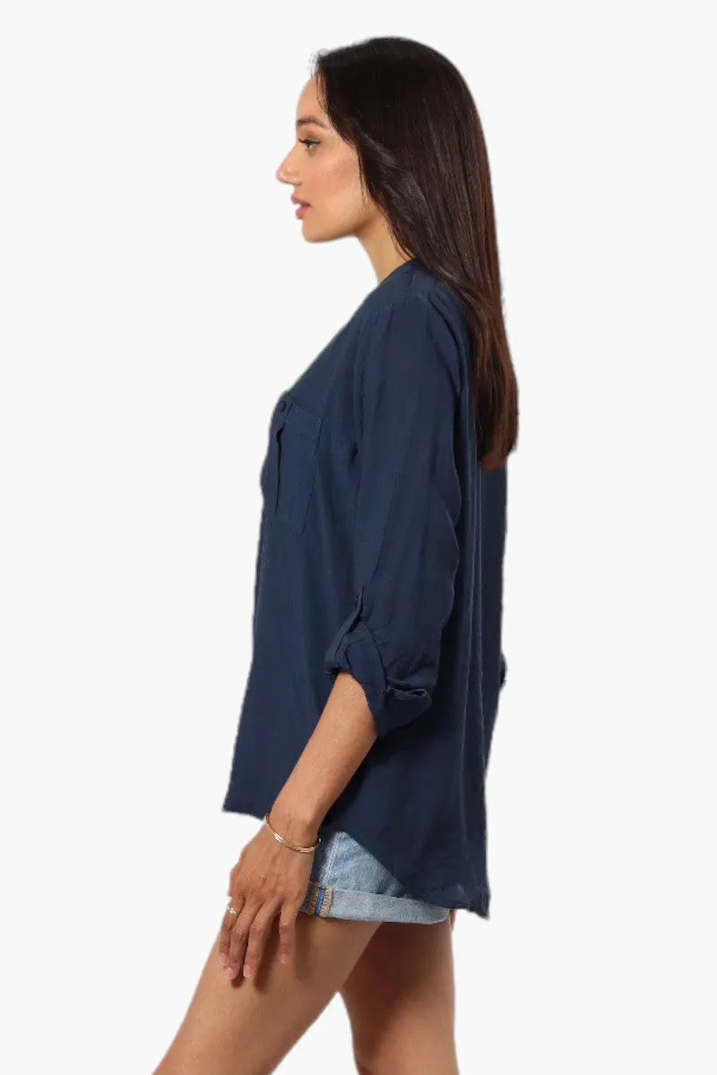 International INC Company Button Up Roll Up Sleeve Blouse - Navy