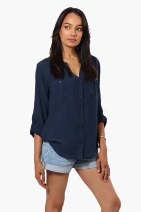 International INC Company Button Up Roll Up Sleeve Blouse - Navy