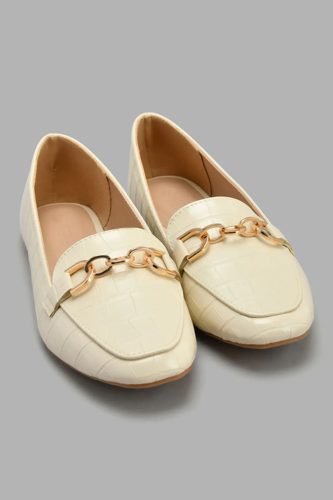 Ivory Loafer With Gold Chain Trim