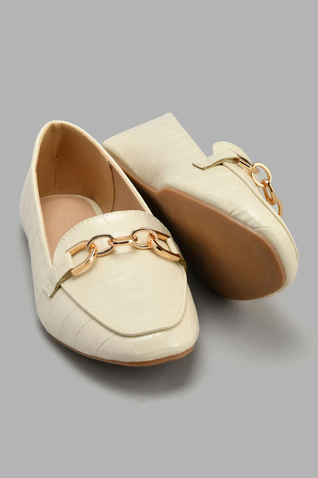 Ivory Loafer With Gold Chain Trim