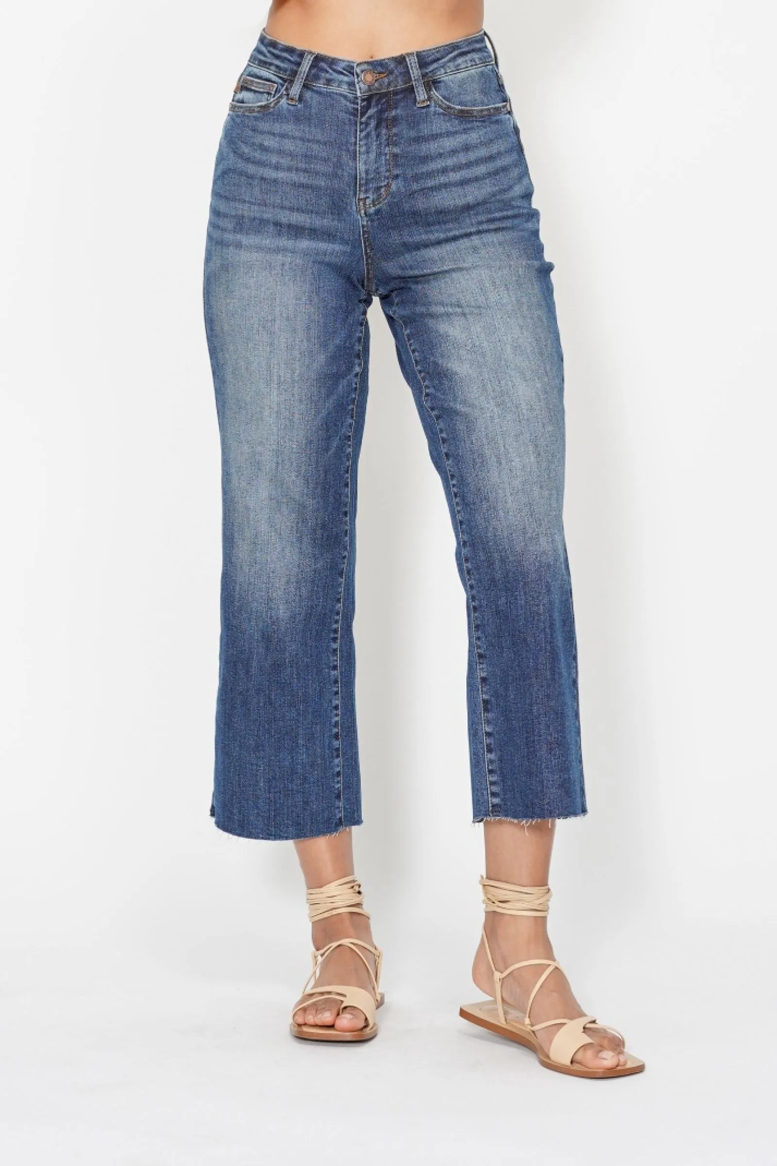 Judy Blue High Waist Crop Wide Jeans w/ Pocket Embroidery