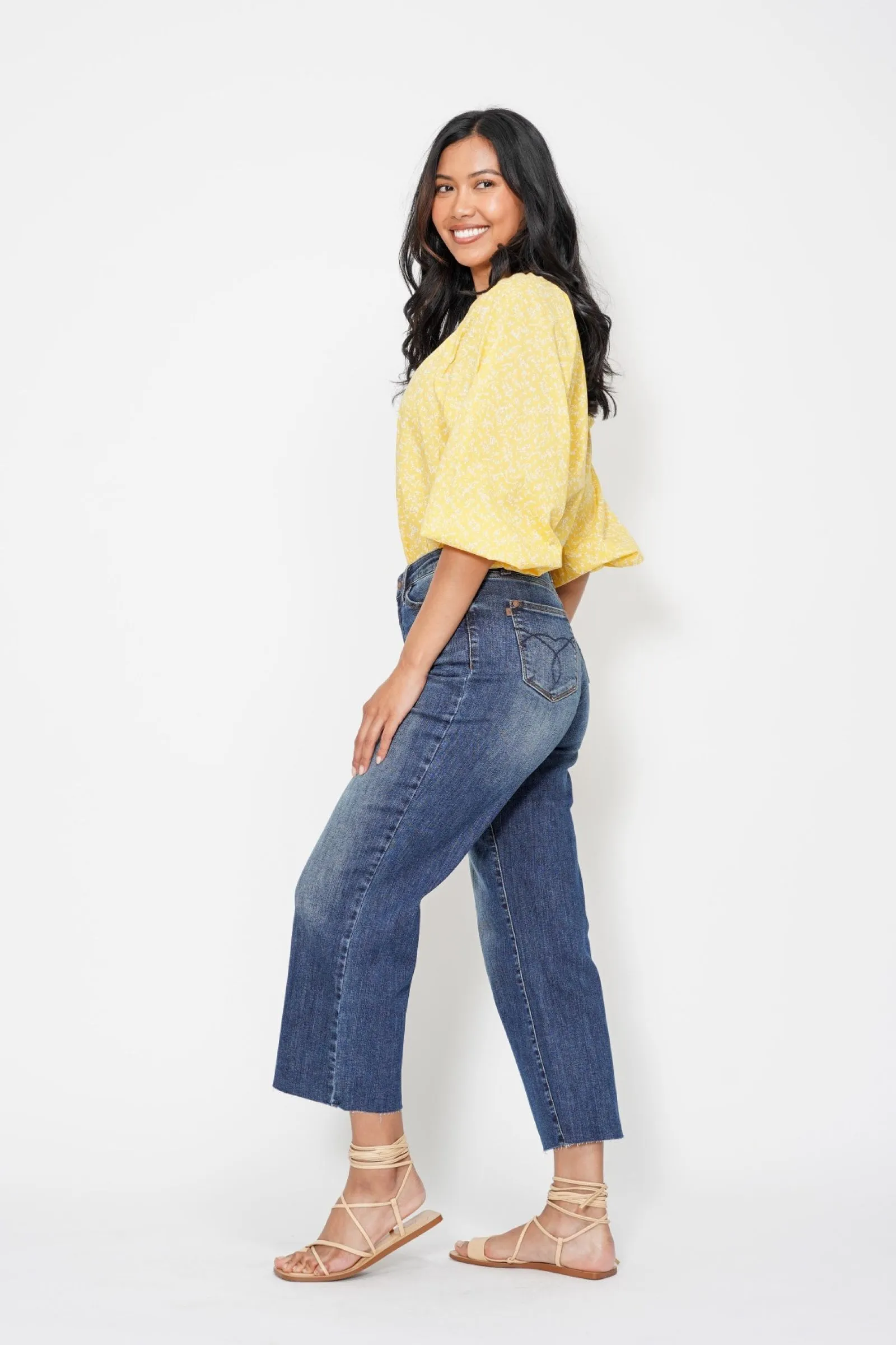 Judy Blue High Waist Crop Wide Jeans w/ Pocket Embroidery