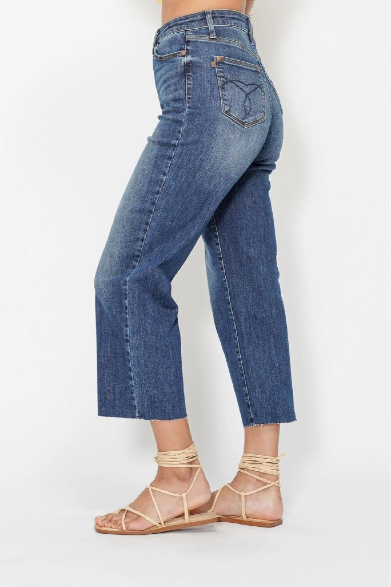 Judy Blue High Waist Crop Wide Jeans w/ Pocket Embroidery