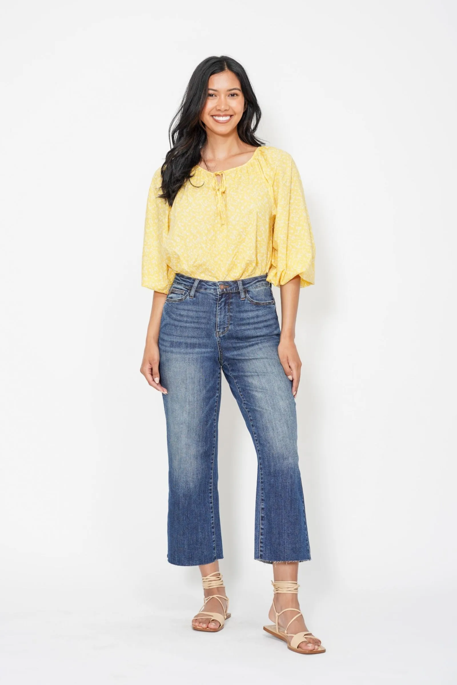 Judy Blue High Waist Crop Wide Jeans w/ Pocket Embroidery