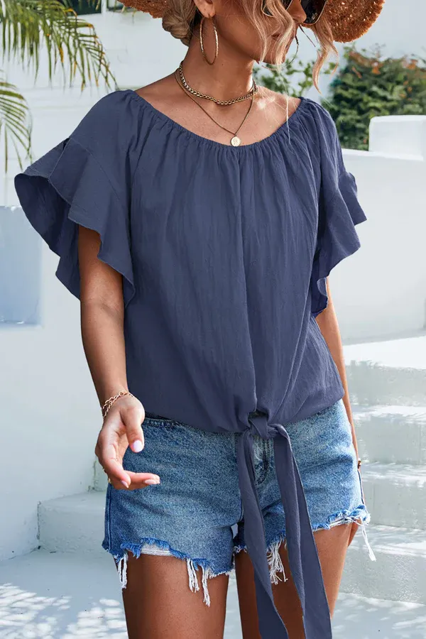 Knot Front Ruffle Sleeve Casual Tops