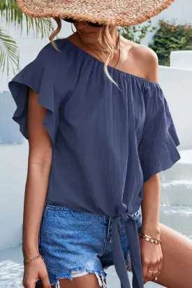 Knot Front Ruffle Sleeve Casual Tops