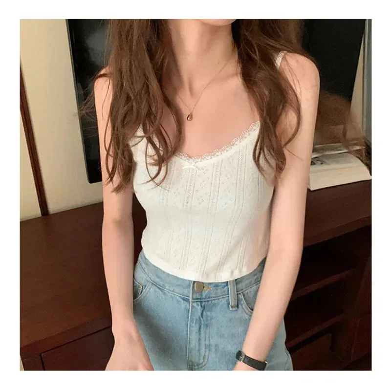 Lace Floral Print Tank Top Women Slim Cropped Tops Cute Girls Tank Top