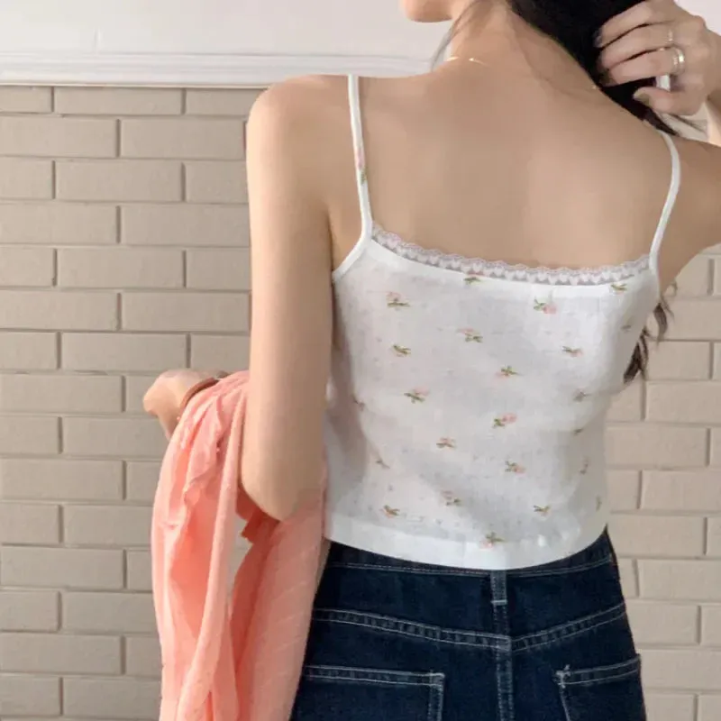 Lace Floral Print Tank Top Women Slim Cropped Tops Cute Girls Tank Top