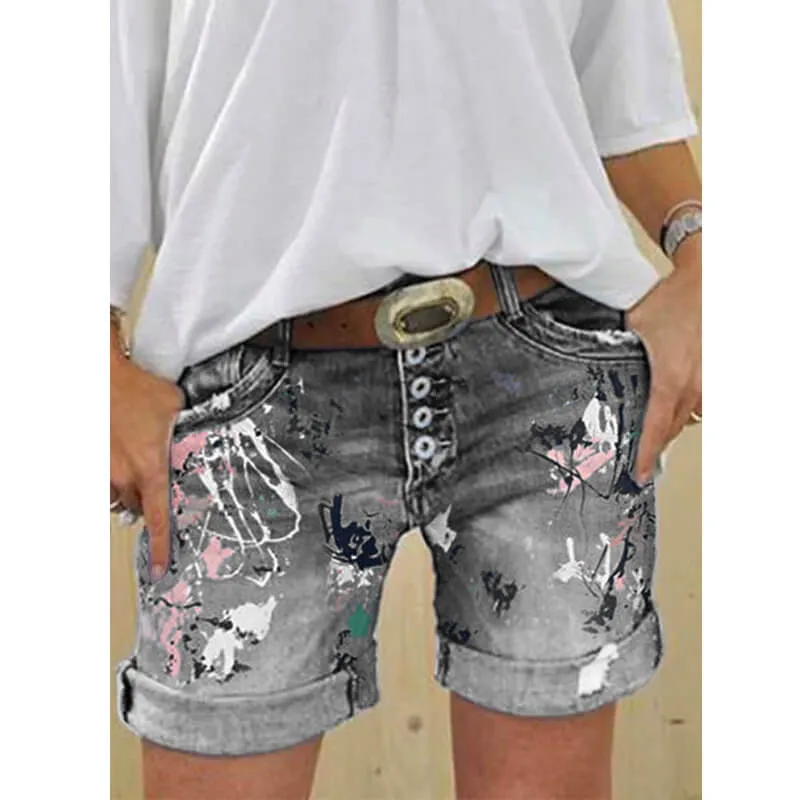 Lady Fashion Jeans Shorts Casual Printing Denim Jean Shorts