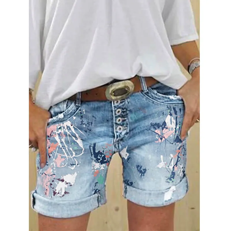 Lady Fashion Jeans Shorts Casual Printing Denim Jean Shorts