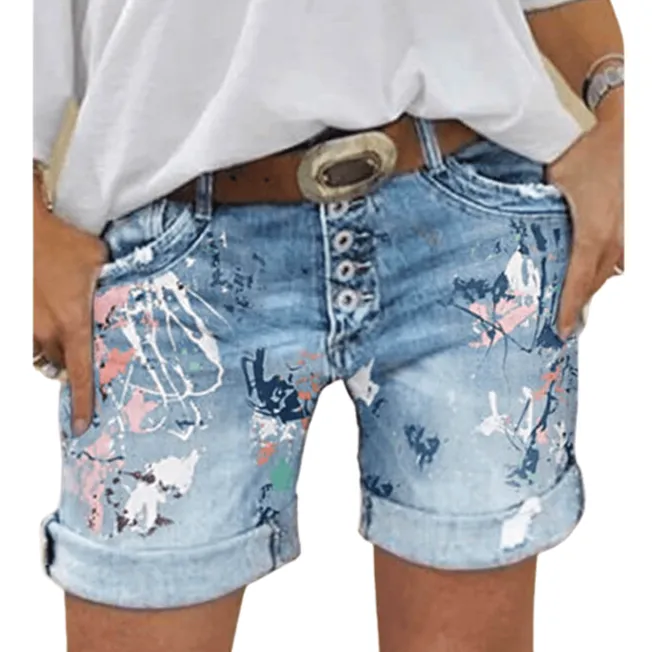 Lady Fashion Jeans Shorts Casual Printing Denim Jean Shorts