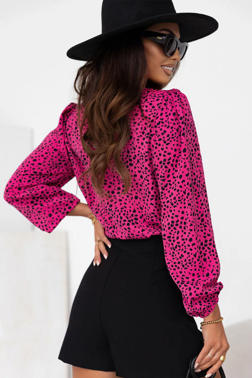 Leopard Pleated Keyhole Blouse