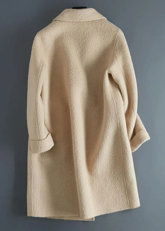 Luxury beige woolen outwear Loose fitting mid-length coats Notched jacket long sleeve