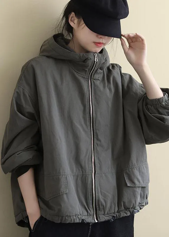 Luxury Grey hooded Loose drawstring Winter Cotton Coats Long sleeve