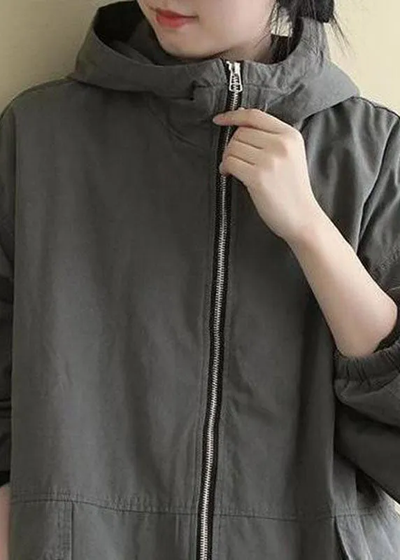 Luxury Grey hooded Loose drawstring Winter Cotton Coats Long sleeve