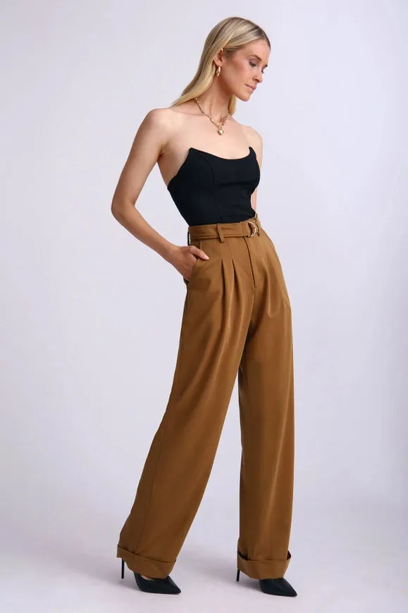 Lyocell Blend Belted Wide Leg Trouser