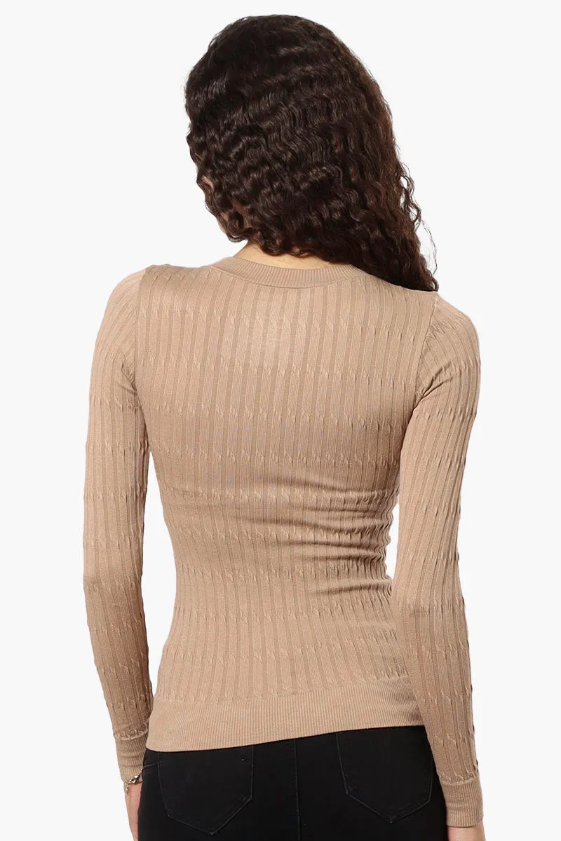 Magazine Solid Ribbed Crewneck Long Sleeve Top - Beige