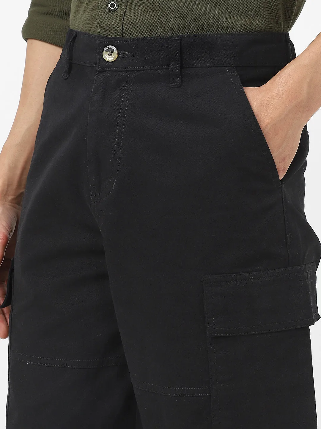 Men's Black Loose Baggy Fit Solid Cargo Chino Pant with 6 Pockets Non-Stretchable