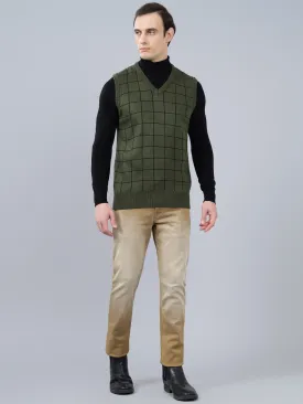 Men's Checked Olive Green Sleeveless Sweater