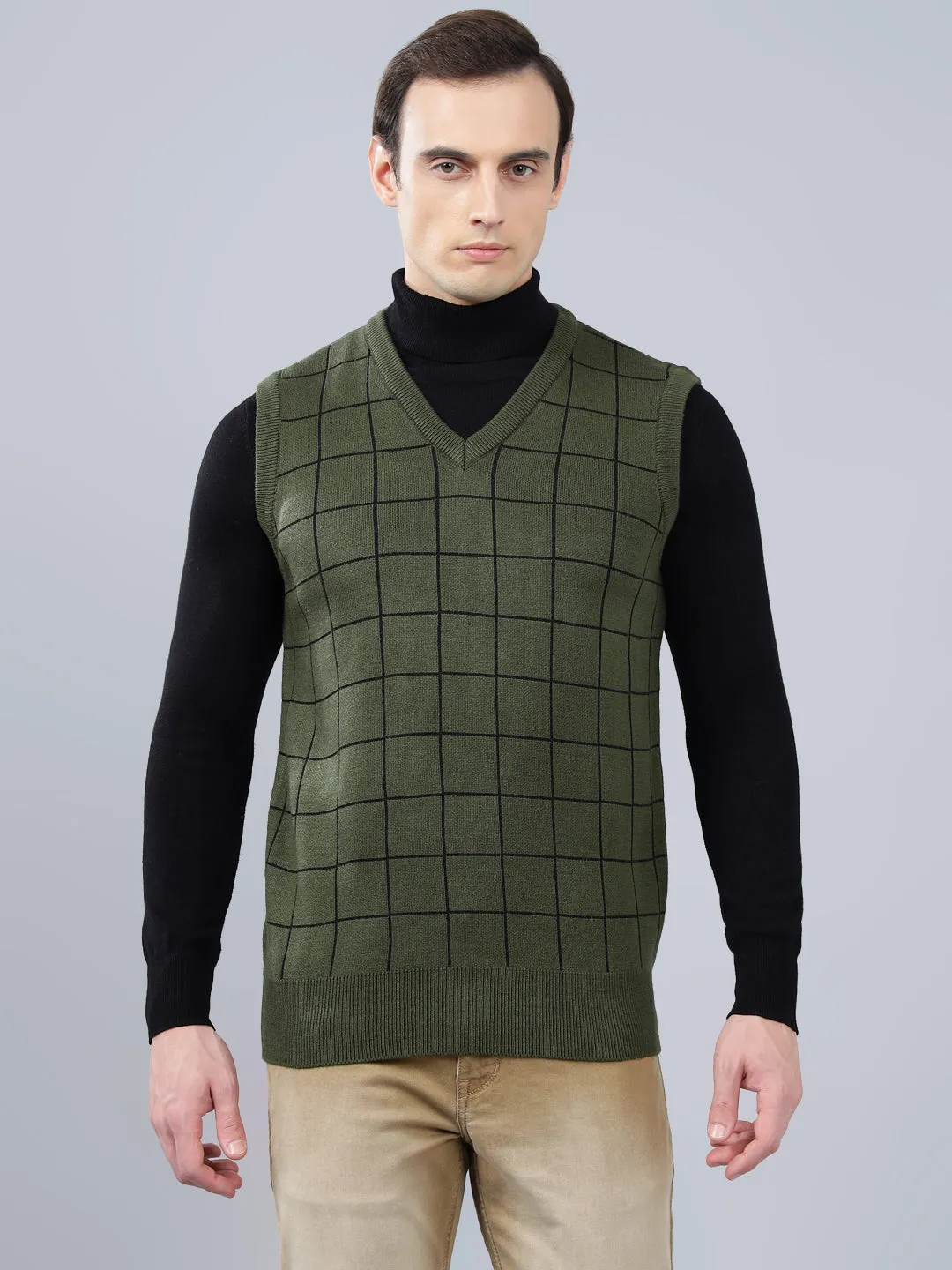 Men's Checked Olive Green Sleeveless Sweater