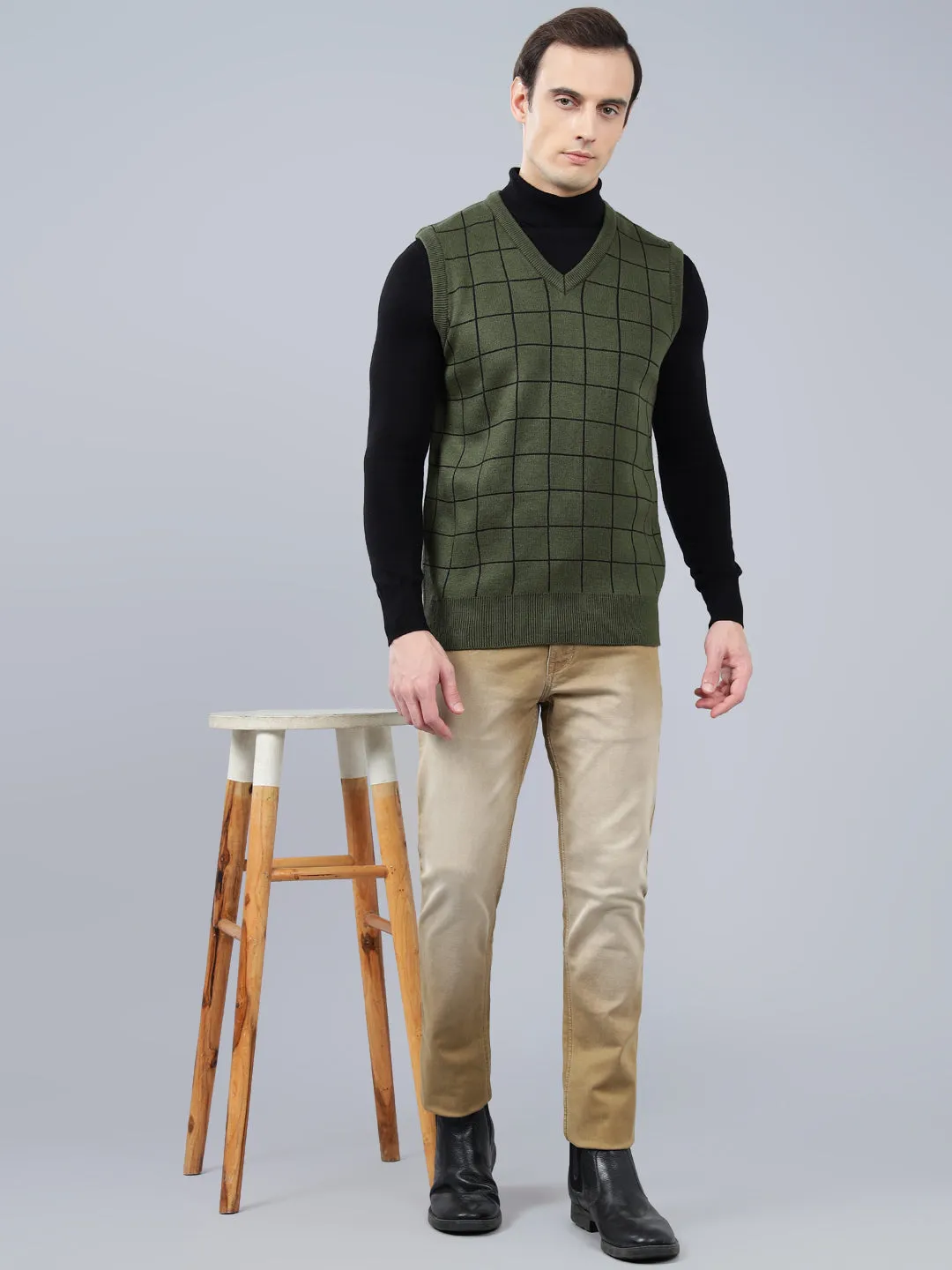 Men's Checked Olive Green Sleeveless Sweater