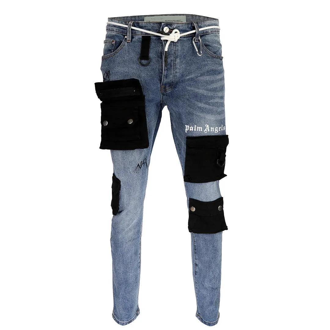 Men's Detachable Pocket Urban Styled Denim Jeans- Blue