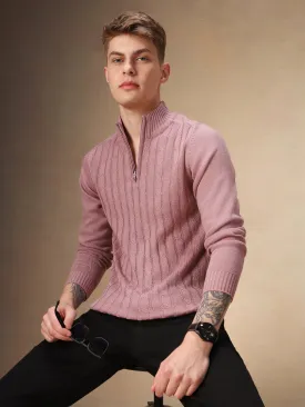 Men's Dusty Pink Cable Knit Mock Neck Full Sleeves Pullover Sweater